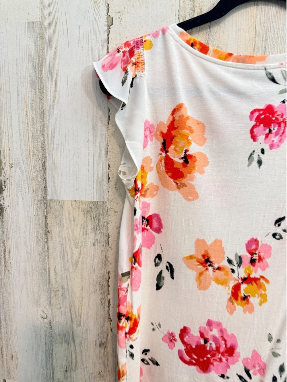LOFT Petites XS Floral Flutter Sleeve Blouse White Pink Orange - Picture 10 of 10